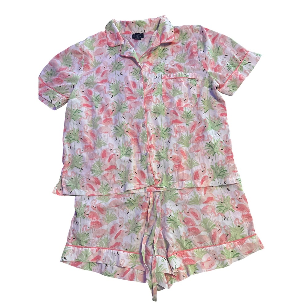 Cynthia Rowley Sleepwear Flamingo Pajama Set Button Up Shorts Pockets L